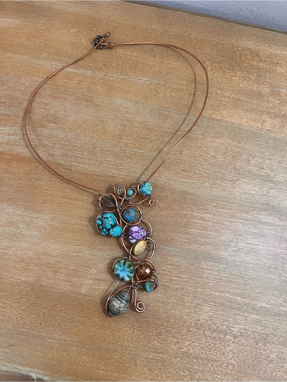 Boho Copper Wire Necklace with Turquoise and Multicolor Gem Accents